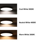 24 Inch Gold Round LED Flush Mount Ceiling Light with Three Color Temperatures 3000K 4000K 5000K 40W shown in three settings