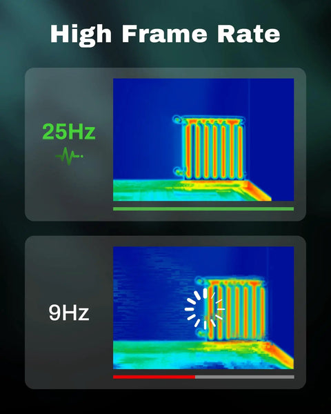 Comparison of thermal images with 25Hz and 9Hz frame rates showcasing high resolution handheld thermal camera capabilities.