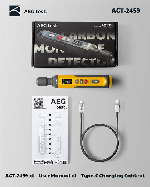 Portable Carbon Monoxide Detector With Rechargeable Battery And Rapid One Second Response Detects 0 To 1000 PPM CO With Visual And Audible Alarms And A TFT Color Display Perfect For Home Travel Worksite And On The Go, shown with packaging, user manual, and USB-C cable.
