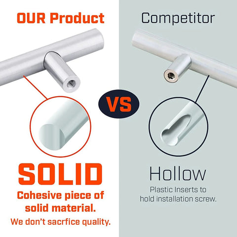 Comparison of solid and hollow Euro Bar Cabinet Handle Satin Nickel Finish Five And Three Eighths Inch Long With Three Inch Center.