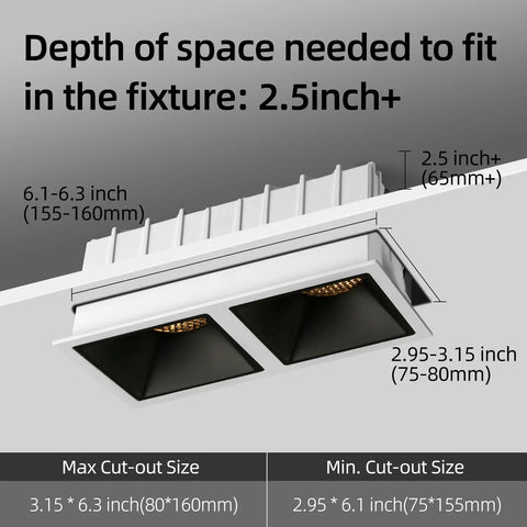 Cutout dimensions for dimmable 2-head LED recessed spotlight kit with Cree COB, 14W total, 2x7W, rectangle canless ceiling lights