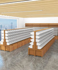 Heavy Duty Five Tier Steel Shelving Unit With Warm Wood Finish Double Sided Storage Rack in modern retail layout.