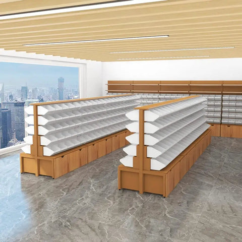 Heavy Duty Five Tier Steel Shelving Unit With Warm Wood Finish Double Sided Storage Rack in modern retail layout.