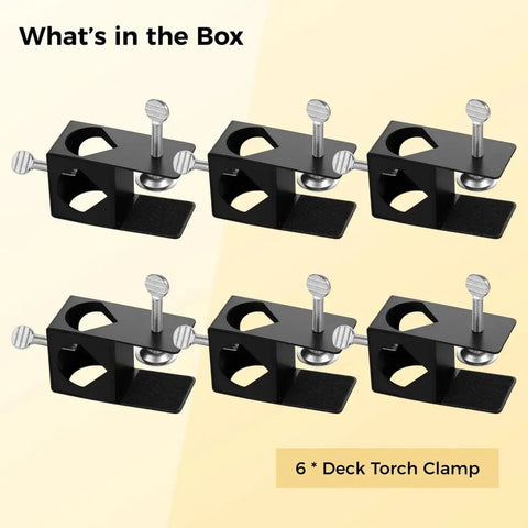 Outdoor Torch Clamp Kit With Six Mount Holders For Deck Rails Fence Posts Tables Porches Poles And Backyard Lighting Brackets Easy Install No Hassle Adjustable Four Sided Clamp Holes For Horizontal Or Upright Use