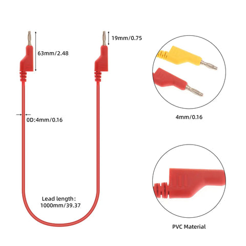 30Pcs Silicone Banana Plug Test Leads Kit With Stackable 4mm Plugs showing red cable dimensions and detailed plug ends