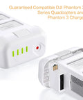 Close-up of Phantom 3 Replacement Intelligent Flight Battery Two Pack 15.2V 4480mAh 68Wh for DJI drones, showing indicators.
