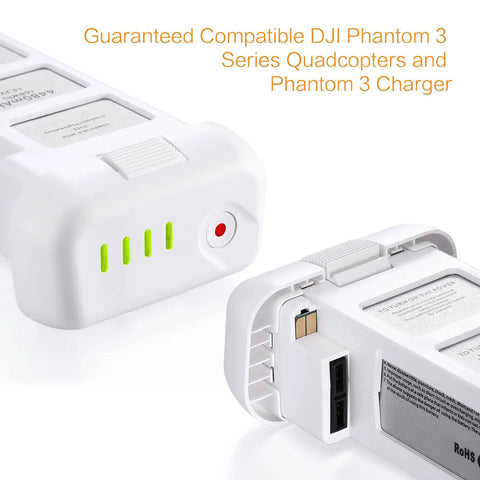 Close-up of Phantom 3 Replacement Intelligent Flight Battery Two Pack 15.2V 4480mAh 68Wh for DJI drones, showing indicators.