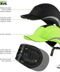 Ultra Lightweight Safety Bump Cap With Breathable Baseball Cap Style Head Protection For Men And Women, Comfortable All Day Wear, Hard Hat Alternative shown in multiple angles including black and neon green designs with descriptions of features like reflective tape, elastic strap, ventilated foam cushioning, and EN 812 certification.