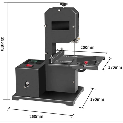 Desktop Woodworking Wire Saw With 800 Watt Motor And Hella Precise 1750 Rpm Speed For Smooth Straight Cuts And Top Notch Intricate Curves On Boards Or Bamboo Strips Up To 70 Millimeters Thick, showing dimensions and control panel.
