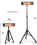 Infrared Space Heater With Tripod Stand, 7 Foot Cord, Black Finish, adjustable height shown, safe tip-over feature, wall mount option.