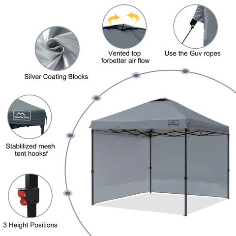 10x10 Pop Up Canopy Tent With Side Walls Waterproof Portable Shade For Camping Backyard And Events Includes Wheeled Carry Bag UV Protection And Easy Setup Instant Outdoor Shelter, showing vented top and silver coating.