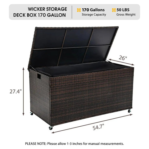 Boss Grade 170 Gallon Outdoor Deck Box Crafted From Durable Wicker Rattan With Smooth Roll Wheels, measuring 54.7" x 26".