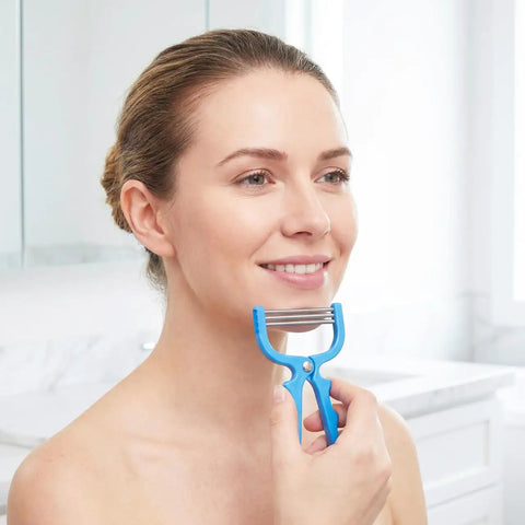 Woman using Facial Hair Epilator Spring Tool 3-Pack Painless No Fuss Root Remover For Upper Lip Chin Cheeks Forehead Peach Fuzz