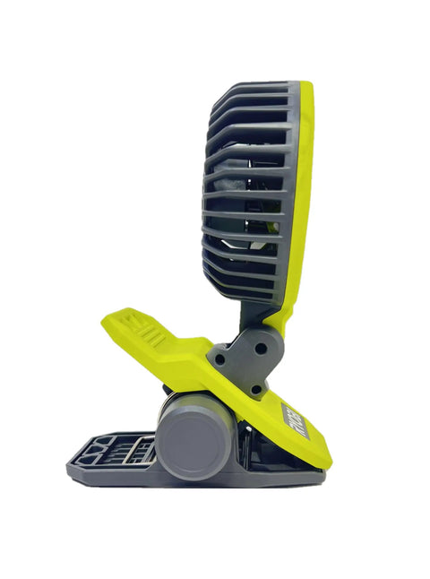 Side view of USB Lithium Clamp Fan Kit With Two Ah Battery And Charging Cable FVF51K showcasing portable design for jobsite cooling.