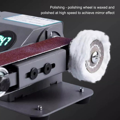 Versatile Wet Dry Belt Sander With Water Attachment For Minimal Dust Grinding And Polishing Metal Wood Plastic Acrylic Stone Adjustable Speed Up To 13000Rpm Includes Ten Abrasive Belts For Precision DIY Projects And Professional Finishing Tasks showing polishing wheel in use at high speed.