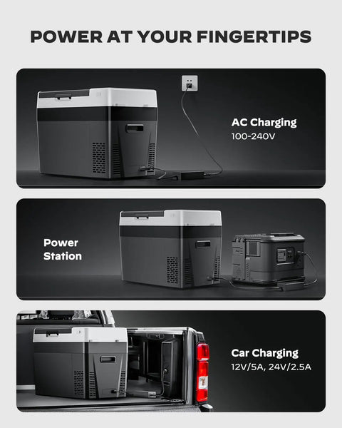 Beast Mode 32 Quart Portable Car Fridge Freezer showing AC and car charging setup for versatile use.