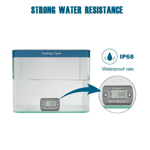 Digital Vibration Hour Meter For Gear Maintenance With Built In Sensor No Wiring Needed 3 Adjustable Sensitivities Low Medium High Easy To Track Run Time And Calibrate Hours On Your Gear. IP68 waterproof vibration meter in testing tank