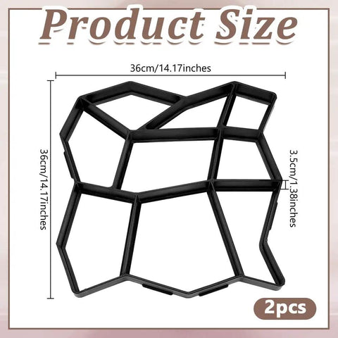 2 Pack Concrete Path Molds For Walkways And Patios 14.17x14.17x1.38 Inch Square Stone Pattern, black plastic form with measurements