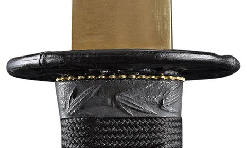 Close-up of hilt and tsuba on Authentic Bamboo Katana Training Sword With Lightweight Aluminum Alloy Blade For Dope, Safe Unsharpened Practice.