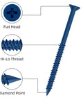 Diagram of One Quarter Inch By Six Inch Heavy Duty Concrete Screw Anchor Set with Blue Ruspert Coating, showing flat head, hi-lo thread, diamond point.
