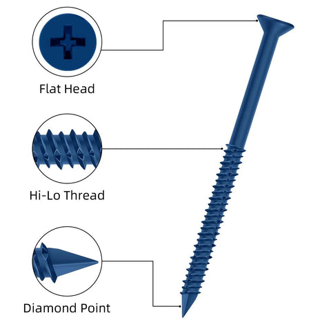 Diagram of One Quarter Inch By Six Inch Heavy Duty Concrete Screw Anchor Set with Blue Ruspert Coating, showing flat head, hi-lo thread, diamond point.