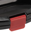 Compact 750W Electric Panini Press Grill And Double Sided Sandwich Maker close-up view of locking mechanism with red clasp.