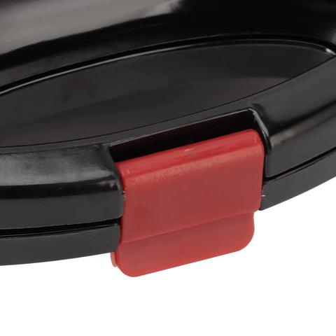Compact 750W Electric Panini Press Grill And Double Sided Sandwich Maker close-up view of locking mechanism with red clasp.