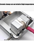 Close-up of adjustable welding wire fixture clamp with thickened aluminum construction and antislip ceramic grips in use.