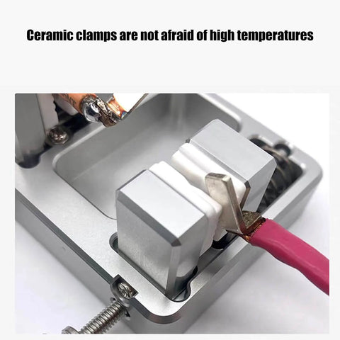 Close-up of adjustable welding wire fixture clamp with thickened aluminum construction and antislip ceramic grips in use.