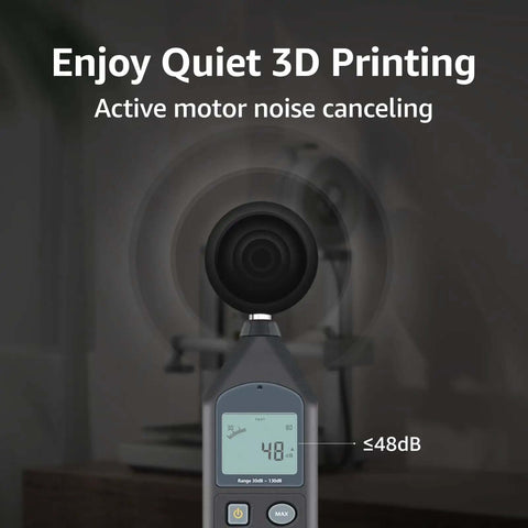 Sound meter showing 48dB for Blazing Fast Multi Color 3D Printer with Full Auto Calibration, ultra quiet printing feature.