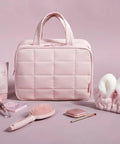 Travel Toiletry Bag With Jewelry Organizer Hanging Cosmetic Case For Jewelry And Essentials Pink L Carry On Makeup Bag displayed with accessories