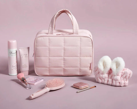 Travel Toiletry Bag With Jewelry Organizer Hanging Cosmetic Case For Jewelry And Essentials Pink L Carry On Makeup Bag displayed with accessories