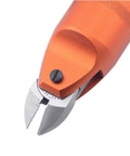Close-up of Snazzy Pneumatic Air Scissors With S4 Blades, heavy-duty metal cutting tool with orange handle for precision slicing.