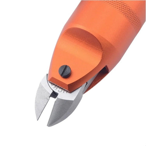 Close-up of Snazzy Pneumatic Air Scissors With S4 Blades, heavy-duty metal cutting tool with orange handle for precision slicing.