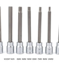 Extra Long Hex Bit Socket Set Seven Piece 3mm To 10mm Drive Repair Tool Kit in Chrome Vanadium Steel, lined up.
