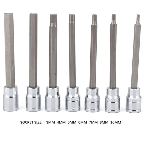 Extra Long Hex Bit Socket Set Seven Piece 3mm To 10mm Drive Repair Tool Kit in Chrome Vanadium Steel, lined up.