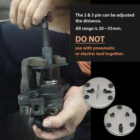 Slick 3/8 Inch Drive 2 And 3 Pin Brake Caliper Piston Rewind Tool in use, adjusting pins for caliper piston servicing, range 20-35mm.