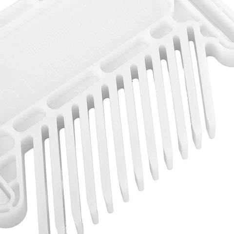 Adjustable Featherboard For Woodworking Shops Straight Up Safety Tool Smooth Operator Solid Choice For Router Table And Table Saw Plus Band Saw Quick Setup No Sweat Shop Essential White Finish detailed view of white plastic comb with fine teeth.