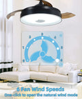 Dope Retractable Bluetooth Ceiling Fan With Light And Speaker, 42 Inch, 6 Speed, in a living room setting