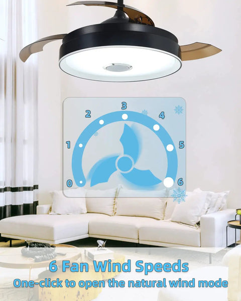 Dope Retractable Bluetooth Ceiling Fan With Light And Speaker, 42 Inch, 6 Speed, in a living room setting