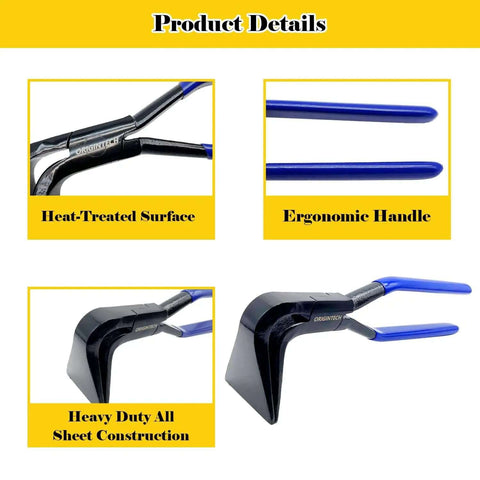 Detailed view of Must Have 3 Piece Hand Seamers Set For Sheet Metal Bending Including Straight Jaw, 45 Degree, And 90 Degree Pliers.