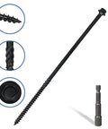 Real Deal Heavy Hitter 8 Inch Lag Screws 50 Pack showing black carbon steel with hex washer head and hex tool.
