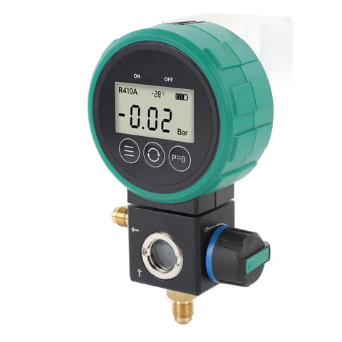 Professional HVAC Pressure Gauge Set With Digital Meter For Car AC Cooling System Charging And Quick Leak Detection, showing digital LCD and sensor.
