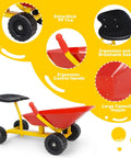 Kids Ride On Sand Dumper Outdoor Sandbox Toy with ergonomic handle, four wheels, and red metal wheelbarrow for boys and girls