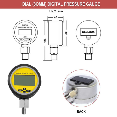 Heavy Duty Hydraulic Pressure Gauge Digital Display 10000 PSI 700 BAR With 1/4 Inch NPT Connector front view with dimensions