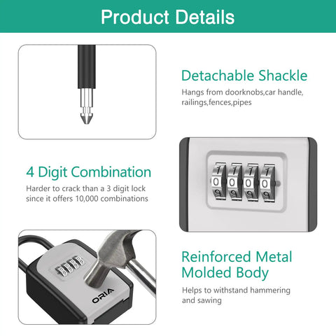 Image showing detachable shackle, reinforced metal body, and 4-digit code on Key Safe Box For Home And Outdoors With 4 Digit Combination Locks