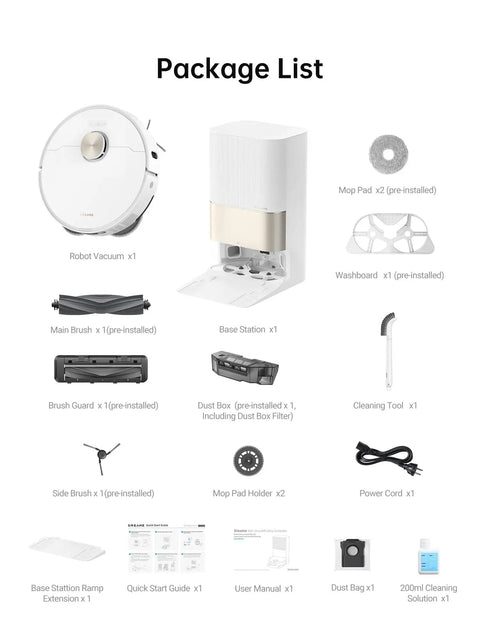 Image of X40 Ultra Robotic Vacuum with package contents including robot vacuum, base station, mop pad, washboard, and accessories.