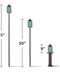 Topaz Blue Glass Outdoor Torches Two Pack, 65 Inch Weather Resistant Patio Lanterns For Backyard And Garden shown in three sizes