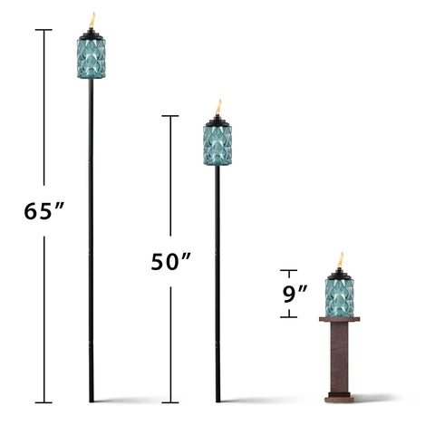 Topaz Blue Glass Outdoor Torches Two Pack, 65 Inch Weather Resistant Patio Lanterns For Backyard And Garden shown in three sizes