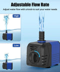 400GPH Submersible Pump With 25W Power, Ultra Quiet Water Pump flow rate adjustment feature displayed in high and low settings